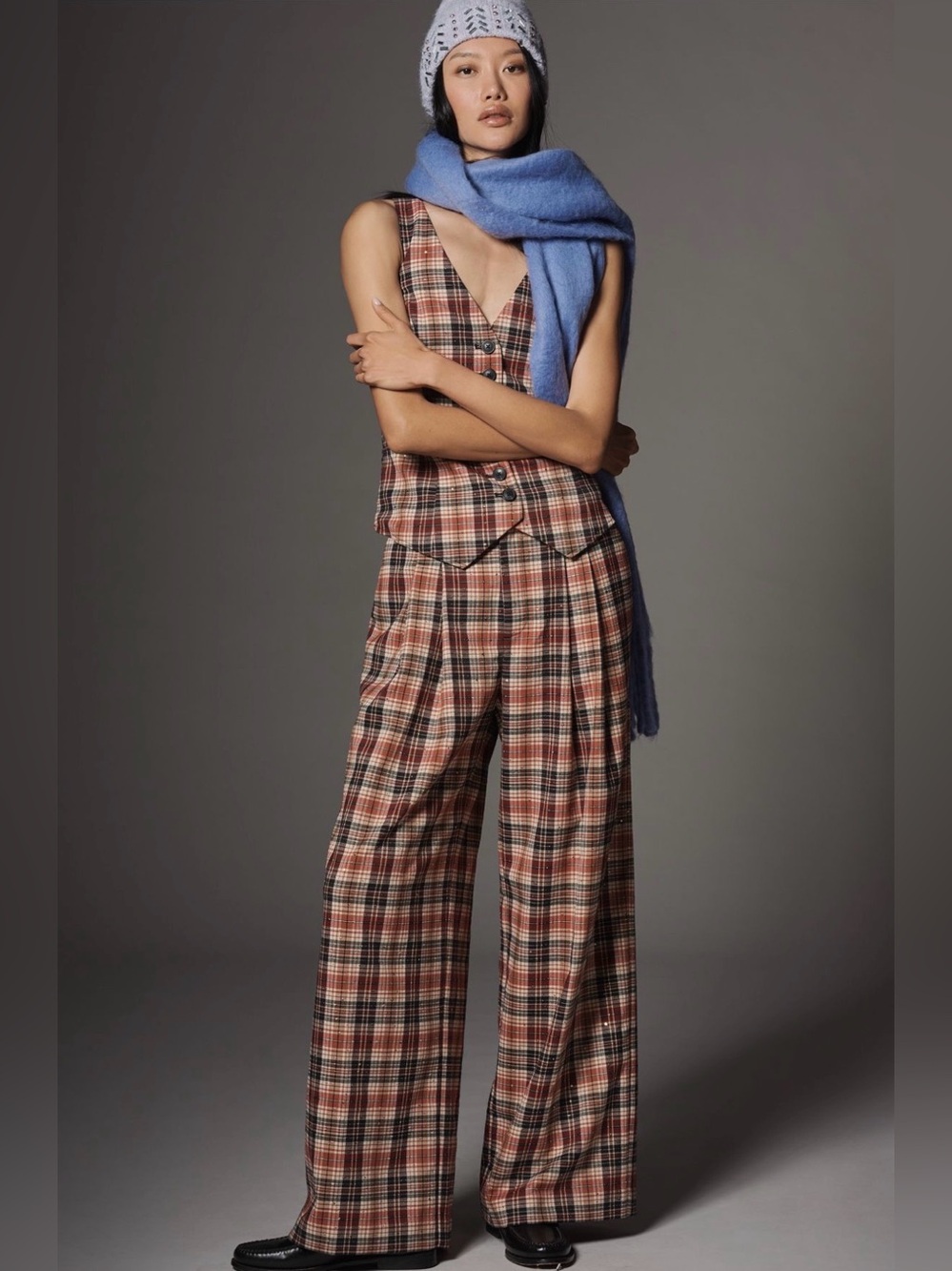 The Avery Sparkle Pleated Wide-Leg Throuser by Maeve, Sz MP, Black & Red Plaid